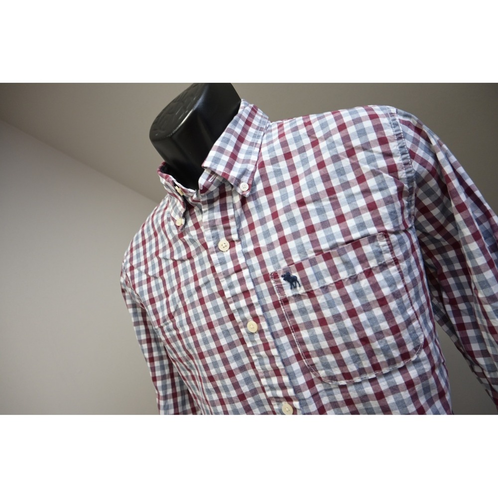 Abercrombie & Fitch Button Down Mens Medium Burgundy Blue Plaid Muscle Fit